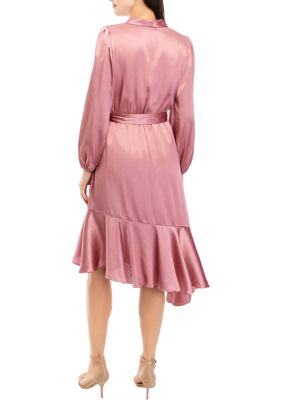 Women's Long Sleeve Solid Satin Tie Waist Wrap Dress