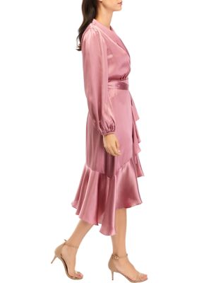 Women's Long Sleeve Solid Satin Tie Waist Wrap Dress