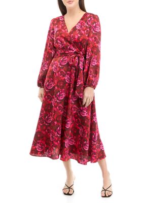 Women's Printed V-Neck Satin Wrap Midi Dress