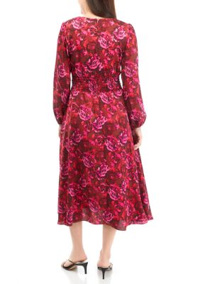 Women's Printed V-Neck Satin Wrap Midi Dress