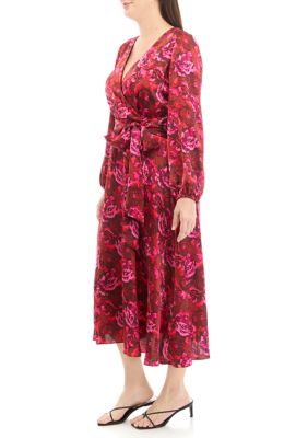 Women's Printed V-Neck Satin Wrap Midi Dress