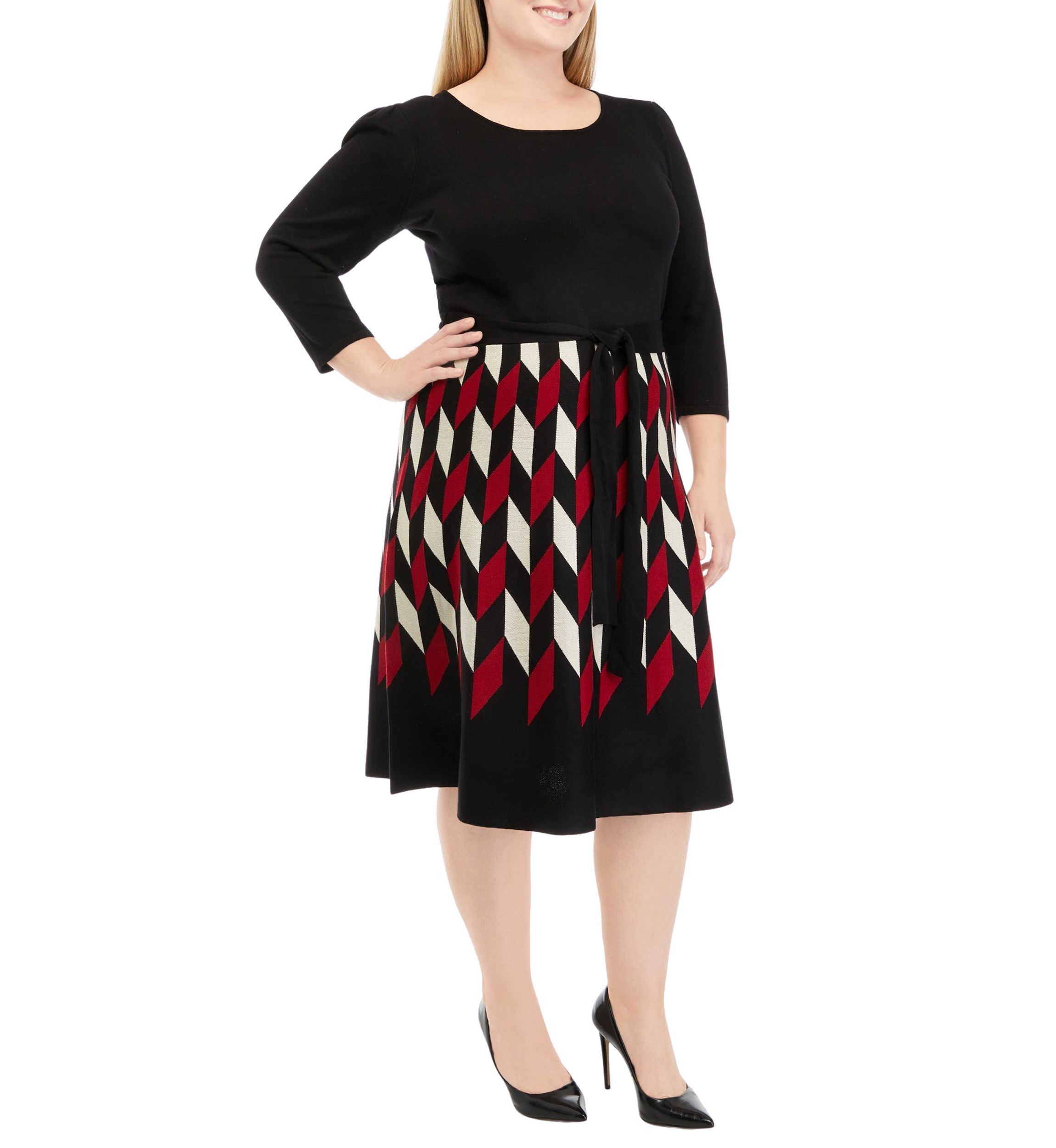 Plus Size 3/4 Sleeve Geometric Printed Fit and Flare Dress