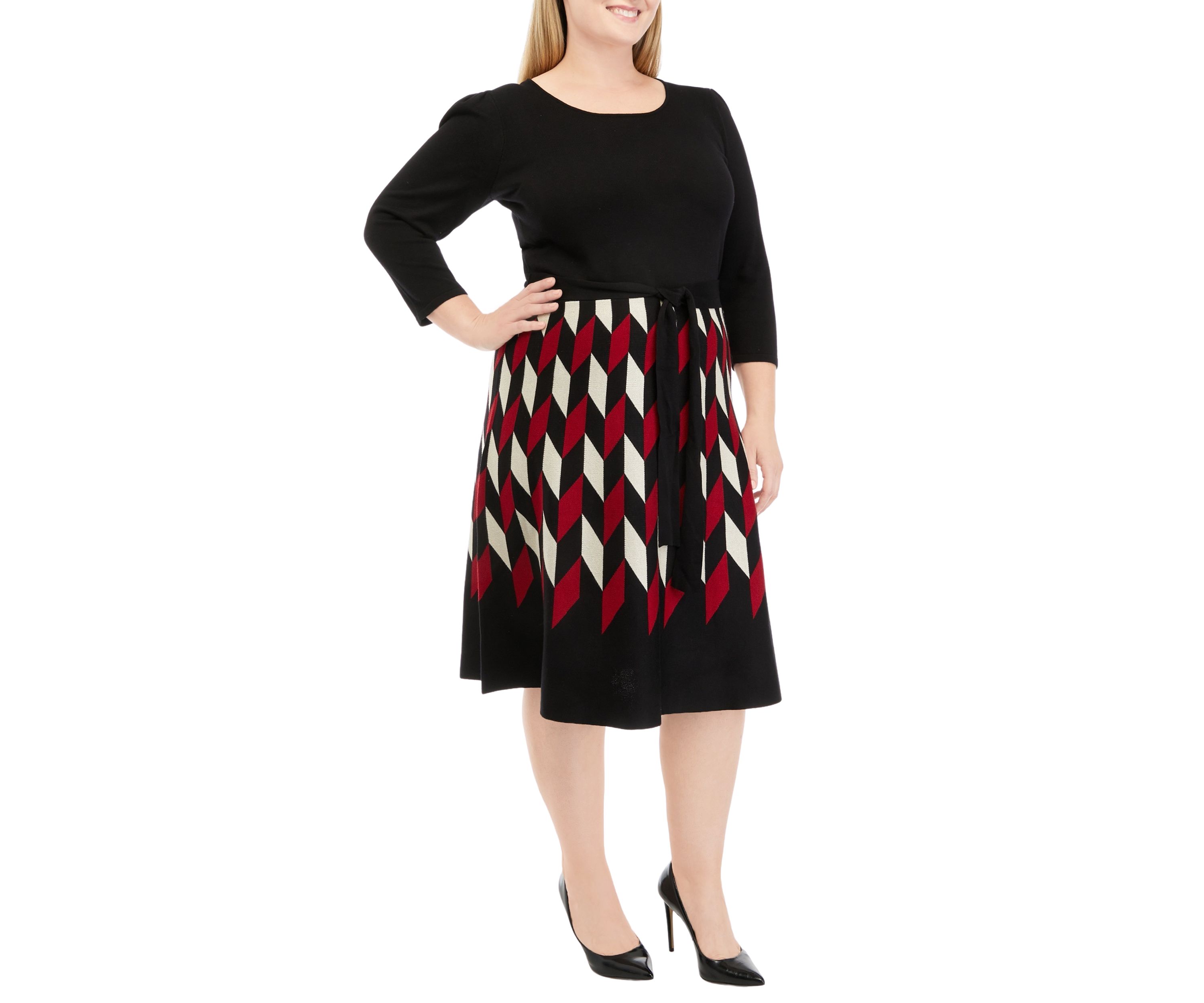 Plus Size 3/4 Sleeve Geometric Printed Fit and Flare Dress