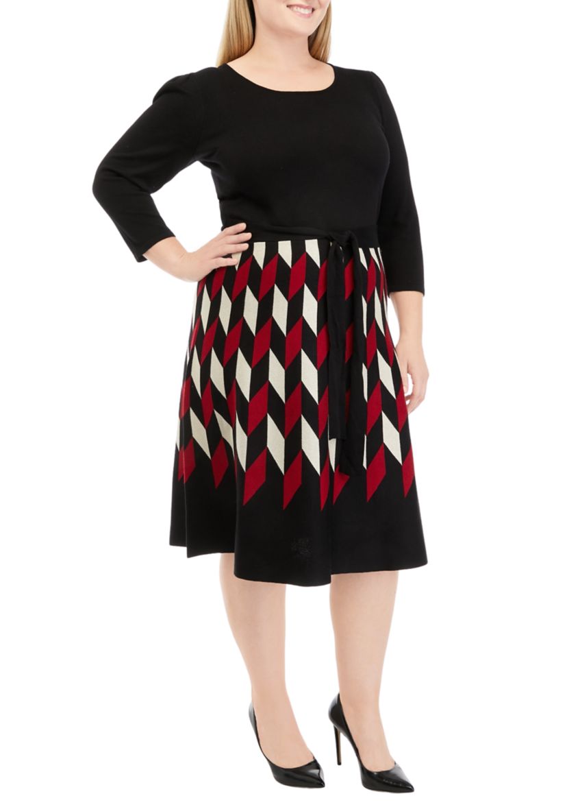 Plus Size 3/4 Sleeve Geometric Printed Fit and Flare Dress
