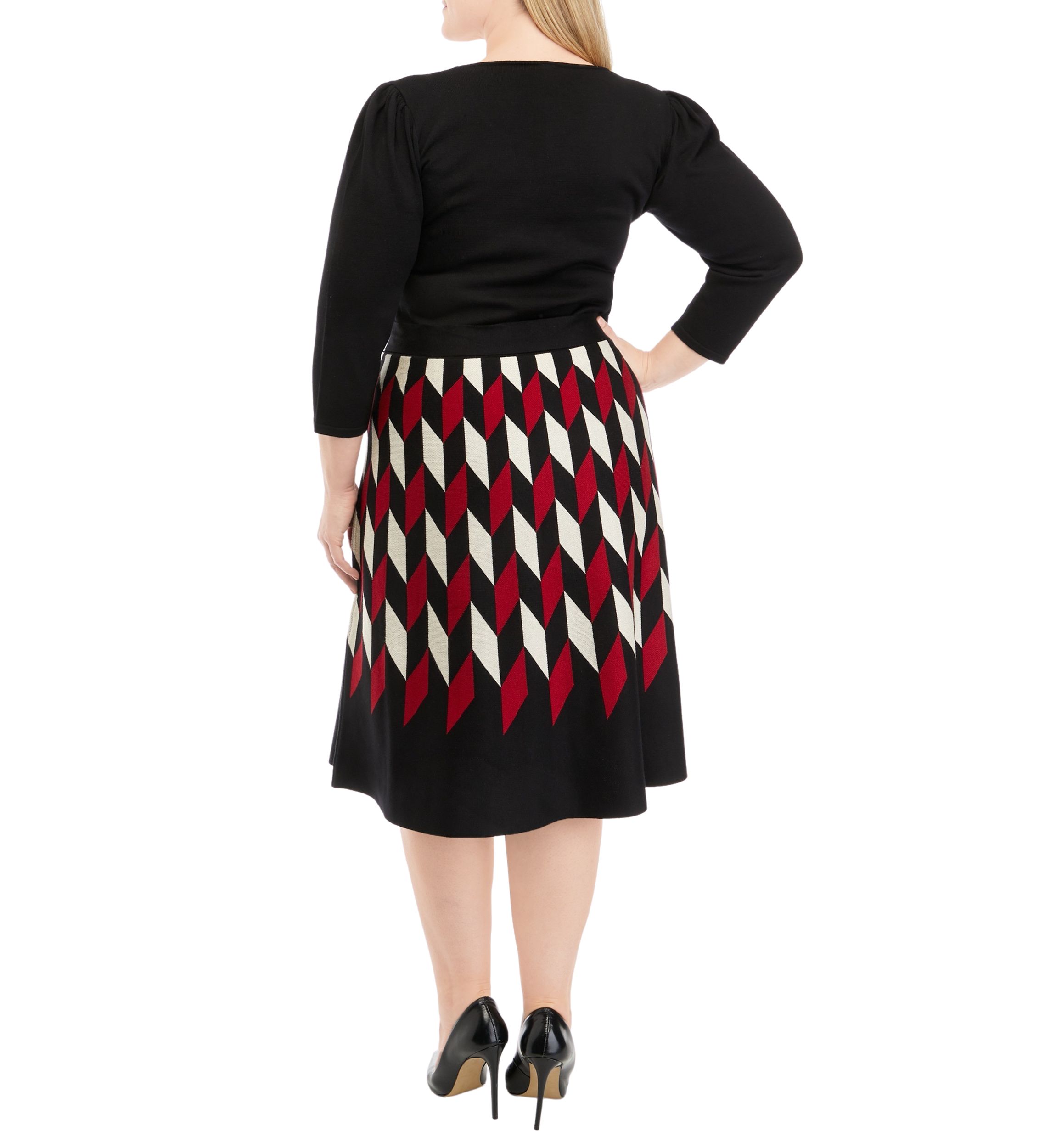 Plus Size 3/4 Sleeve Geometric Printed Fit and Flare Dress