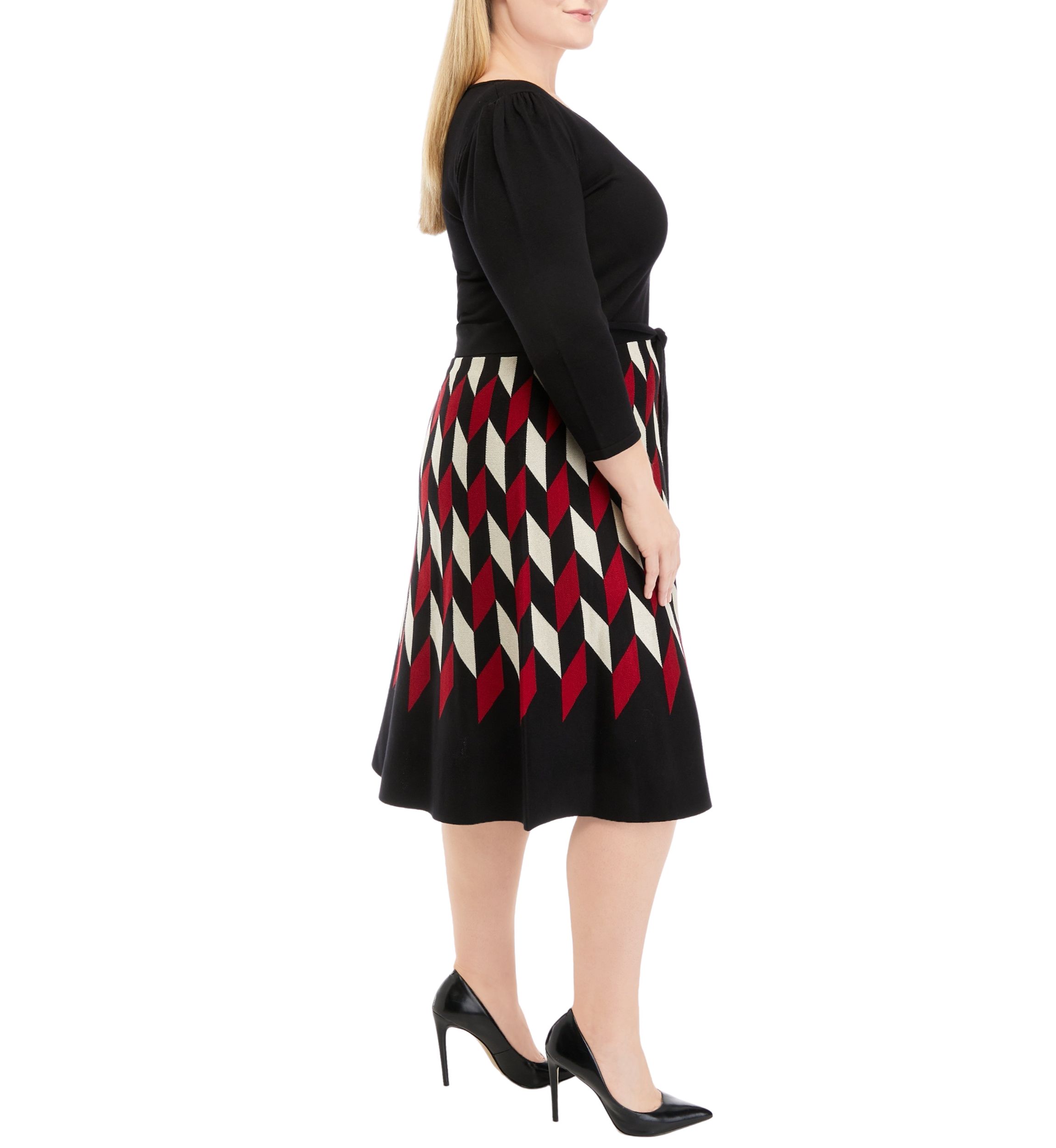 Plus Size 3/4 Sleeve Geometric Printed Fit and Flare Dress