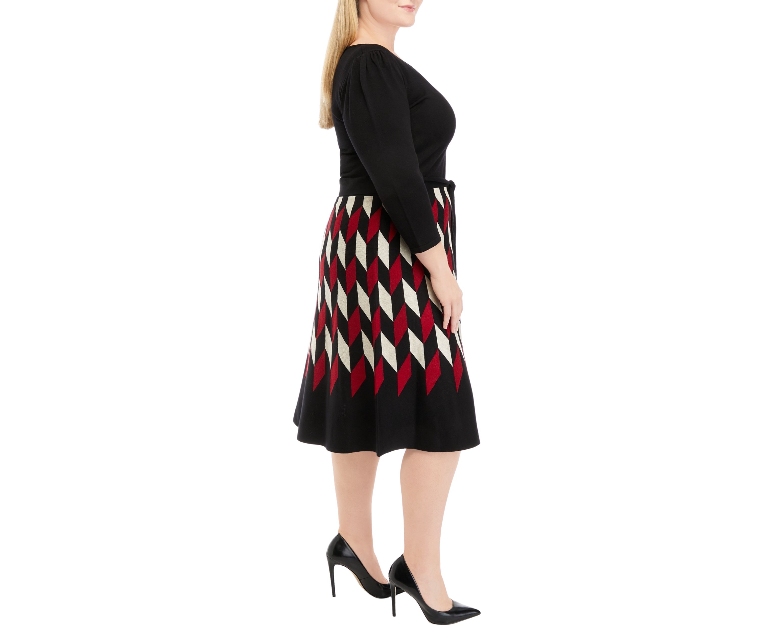 Plus Size 3/4 Sleeve Geometric Printed Fit and Flare Dress