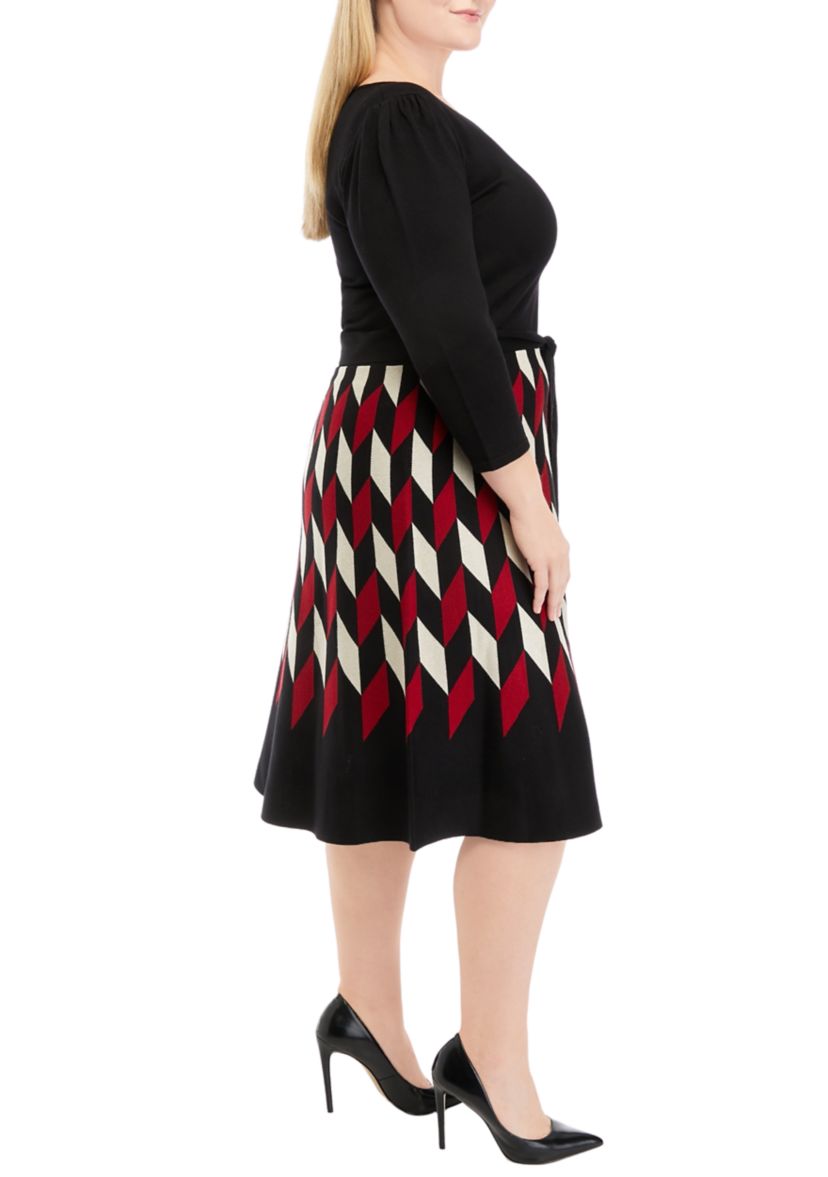 Plus Size 3/4 Sleeve Geometric Printed Fit and Flare Dress