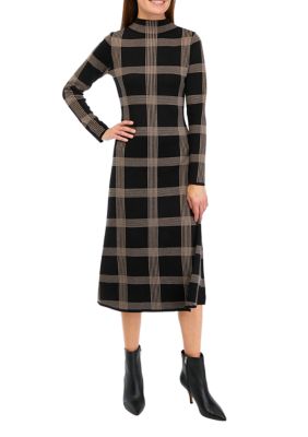 Womens Long Sleeve Mock Neck Windowpane Sweater Dress