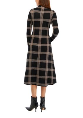 Women's Long Sleeve Mock Neck Windowpane Sweater Dress