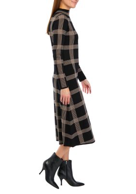 Women's Long Sleeve Mock Neck Windowpane Sweater Dress