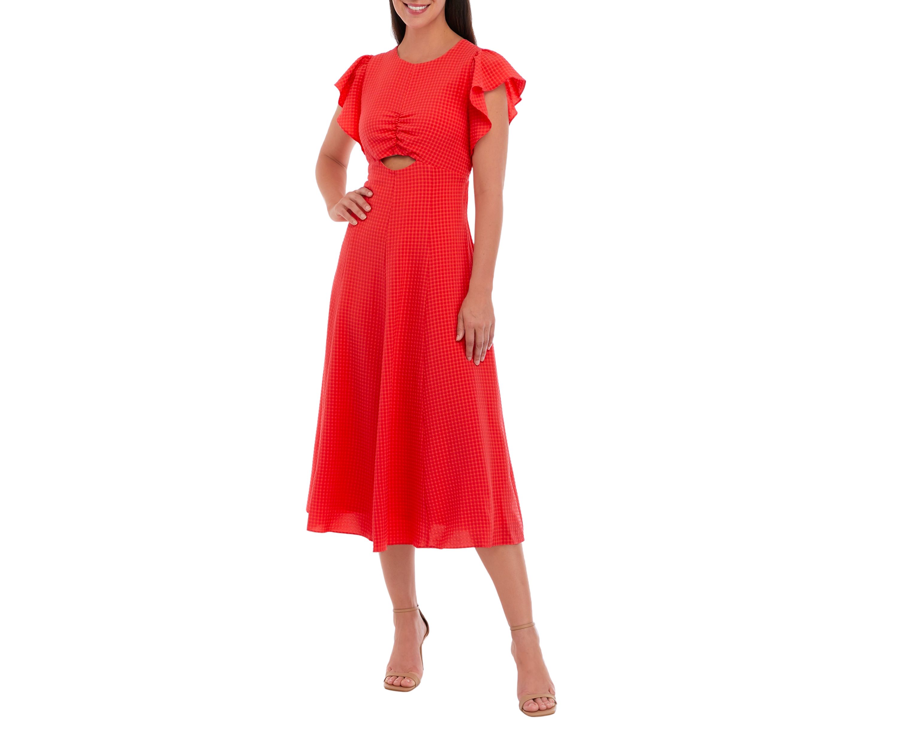 Womens Ruffle Sleeve Cut Out Waist Seersucker Midi Dress