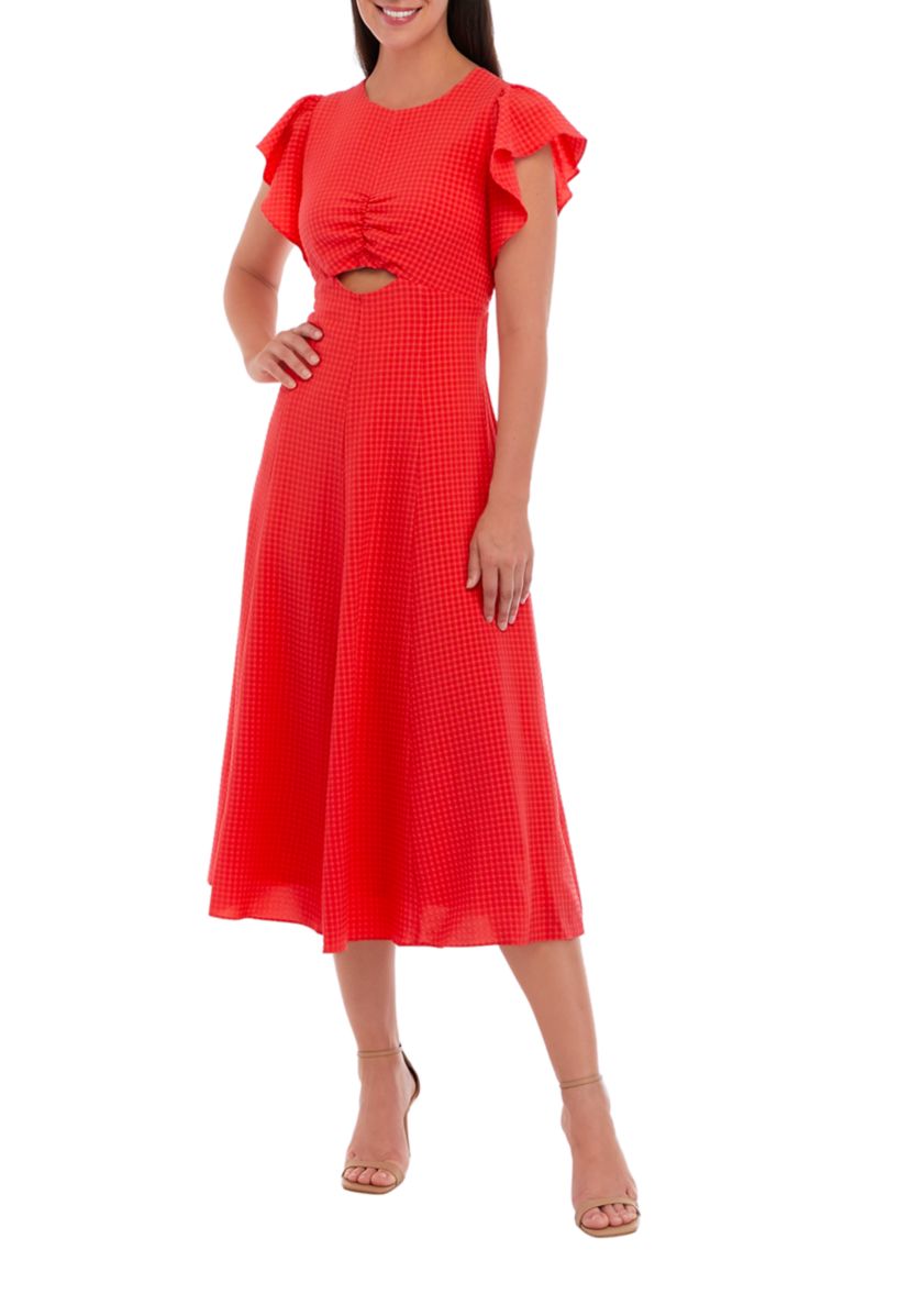 Womens Ruffle Sleeve Cut Out Waist Seersucker Midi Dress