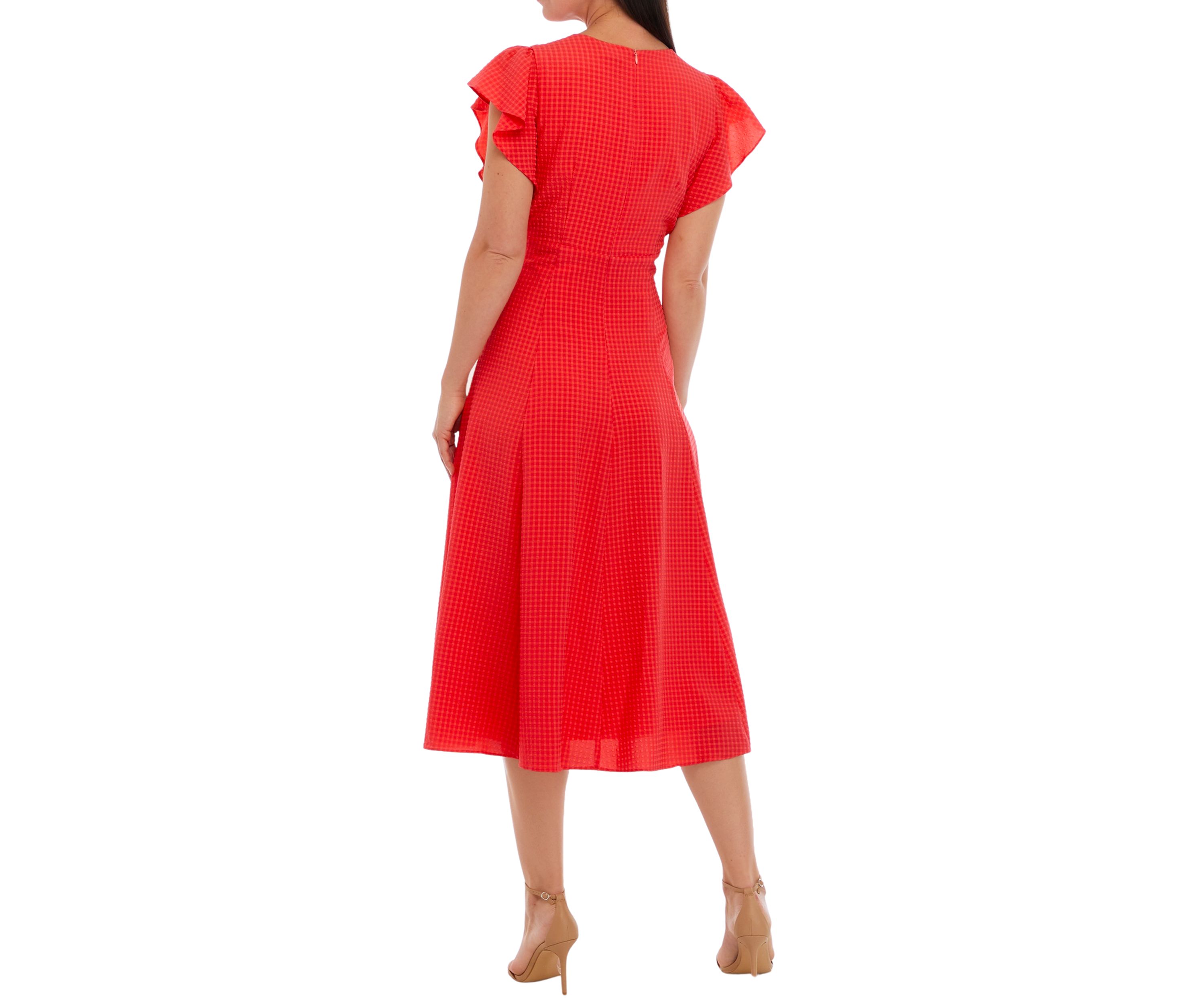 Womens Ruffle Sleeve Cut Out Waist Seersucker Midi Dress