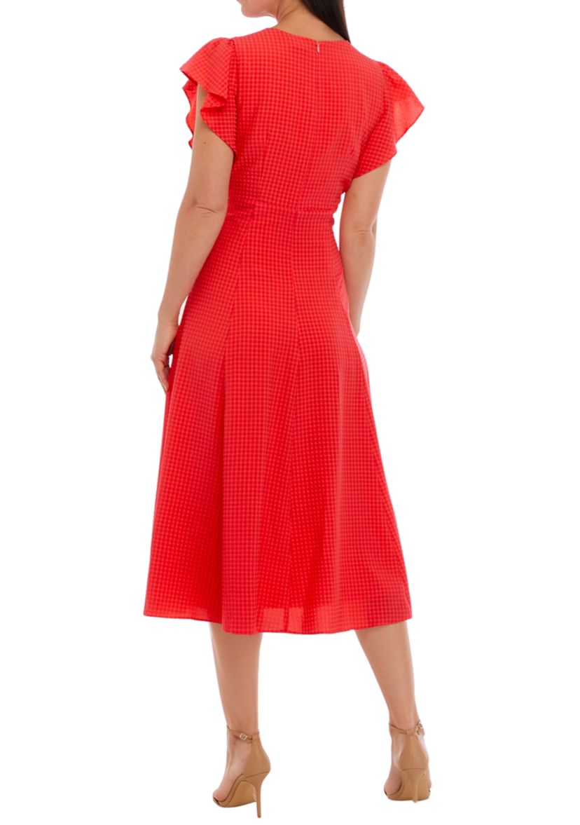 Womens Ruffle Sleeve Cut Out Waist Seersucker Midi Dress