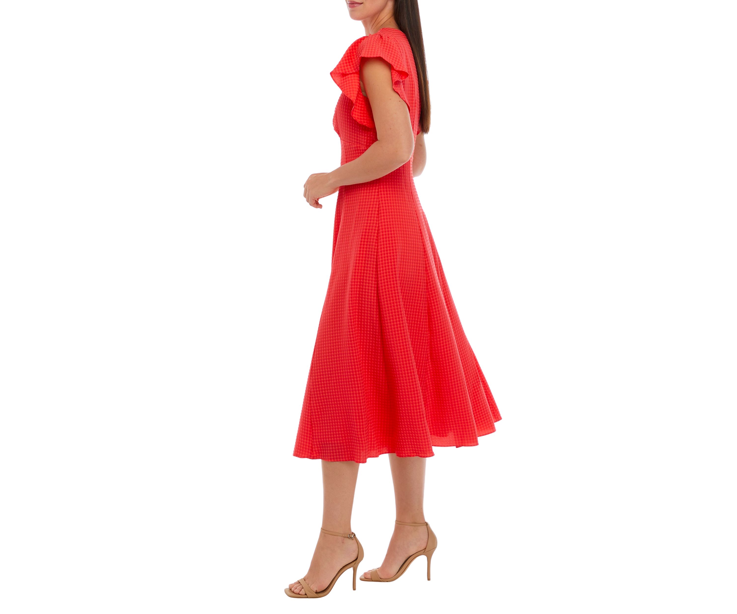 Womens Ruffle Sleeve Cut Out Waist Seersucker Midi Dress