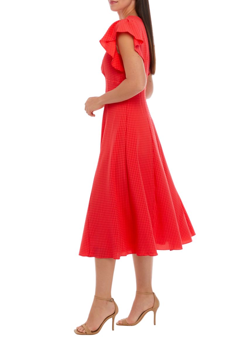 Womens Ruffle Sleeve Cut Out Waist Seersucker Midi Dress