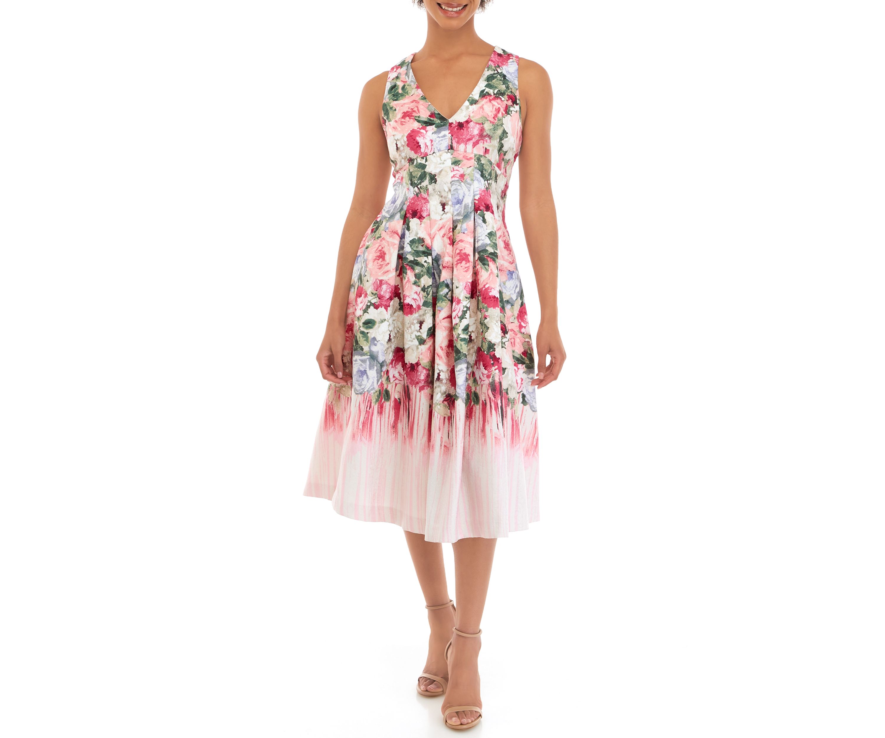 Womens Sleeveless Floral Printed Jacquard Fit and Flare Dress