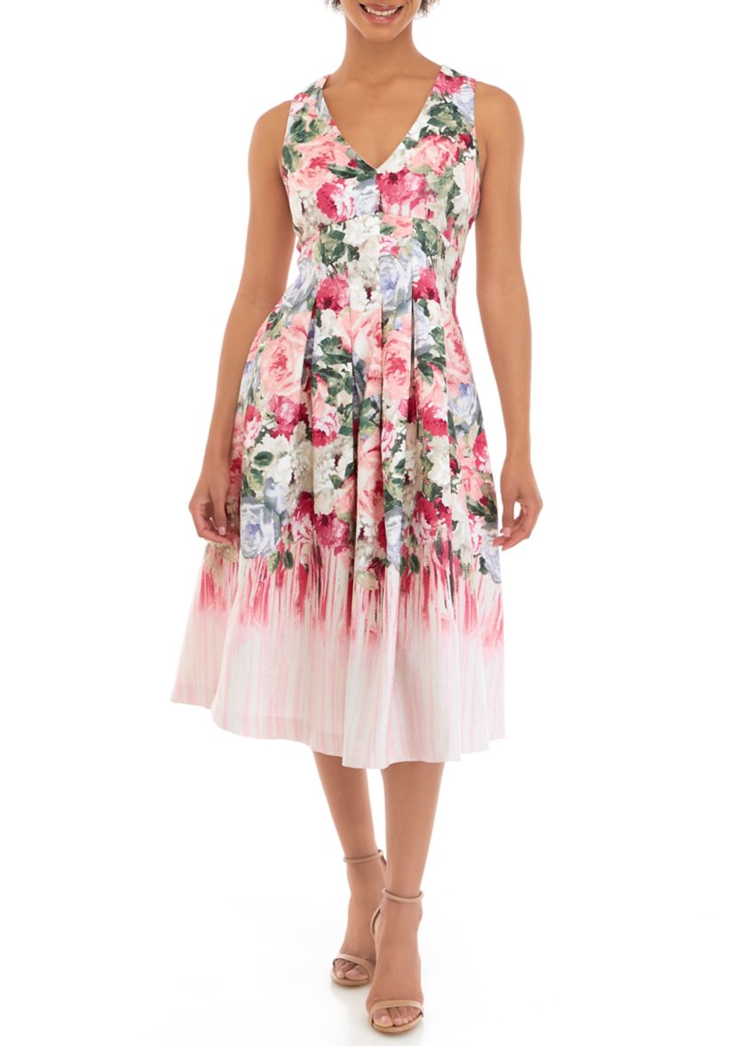 Womens Sleeveless Floral Printed Jacquard Fit and Flare Dress