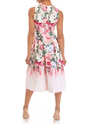 Women's Sleeveless Floral Printed Jacquard Fit and Flare Dress