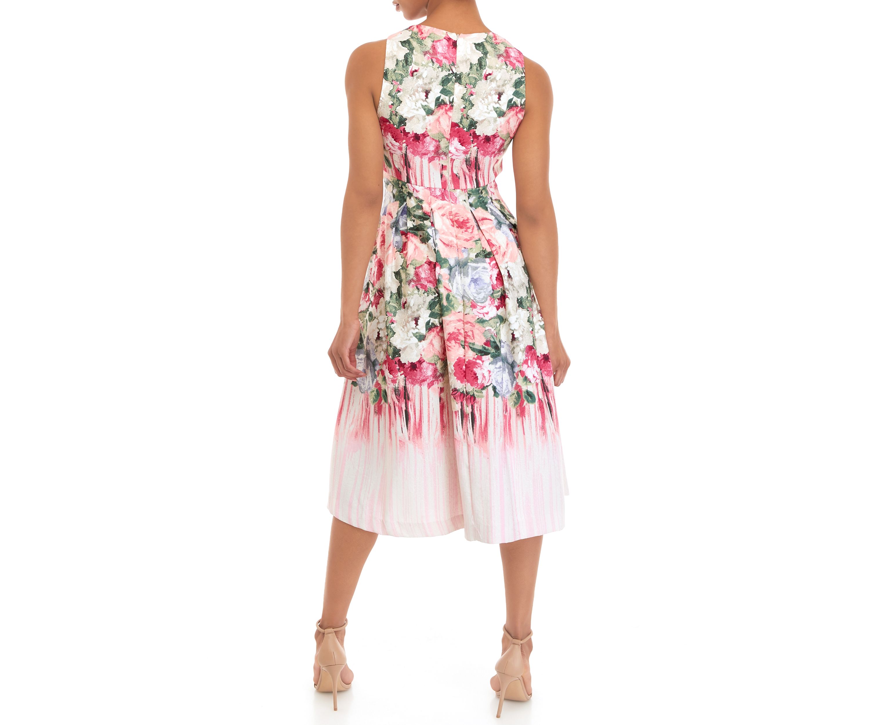 Womens Sleeveless Floral Printed Jacquard Fit and Flare Dress