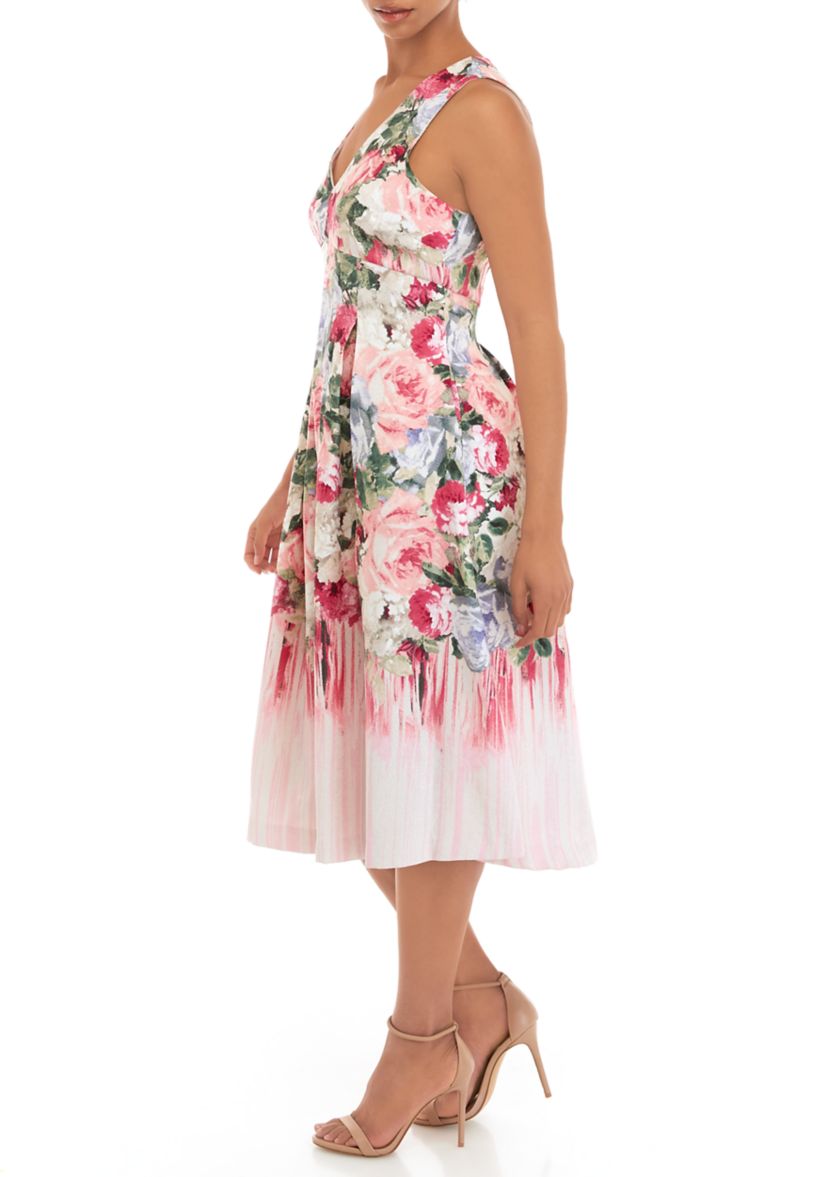 Womens Sleeveless Floral Printed Jacquard Fit and Flare Dress