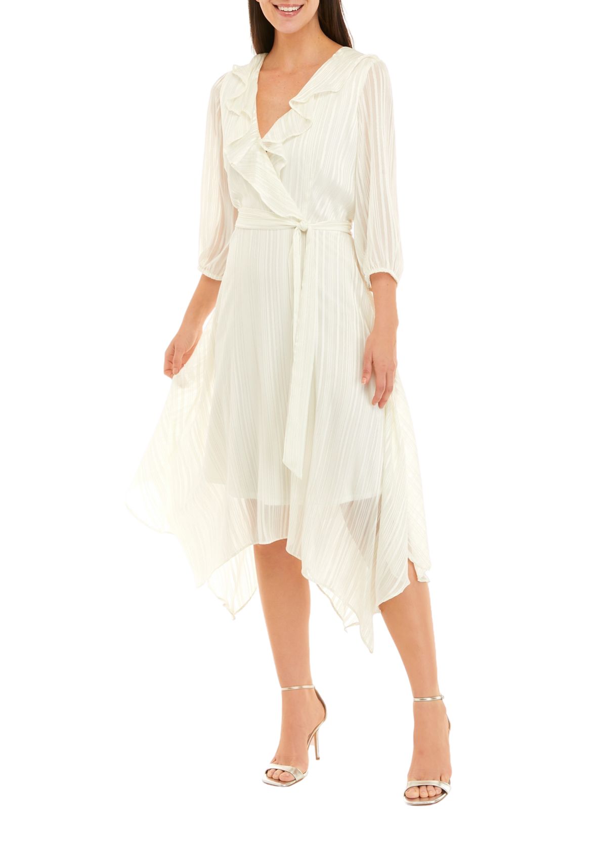 Womens 3/4 Sleeve Satin Stripe Lurex Chiffon Midi Dress