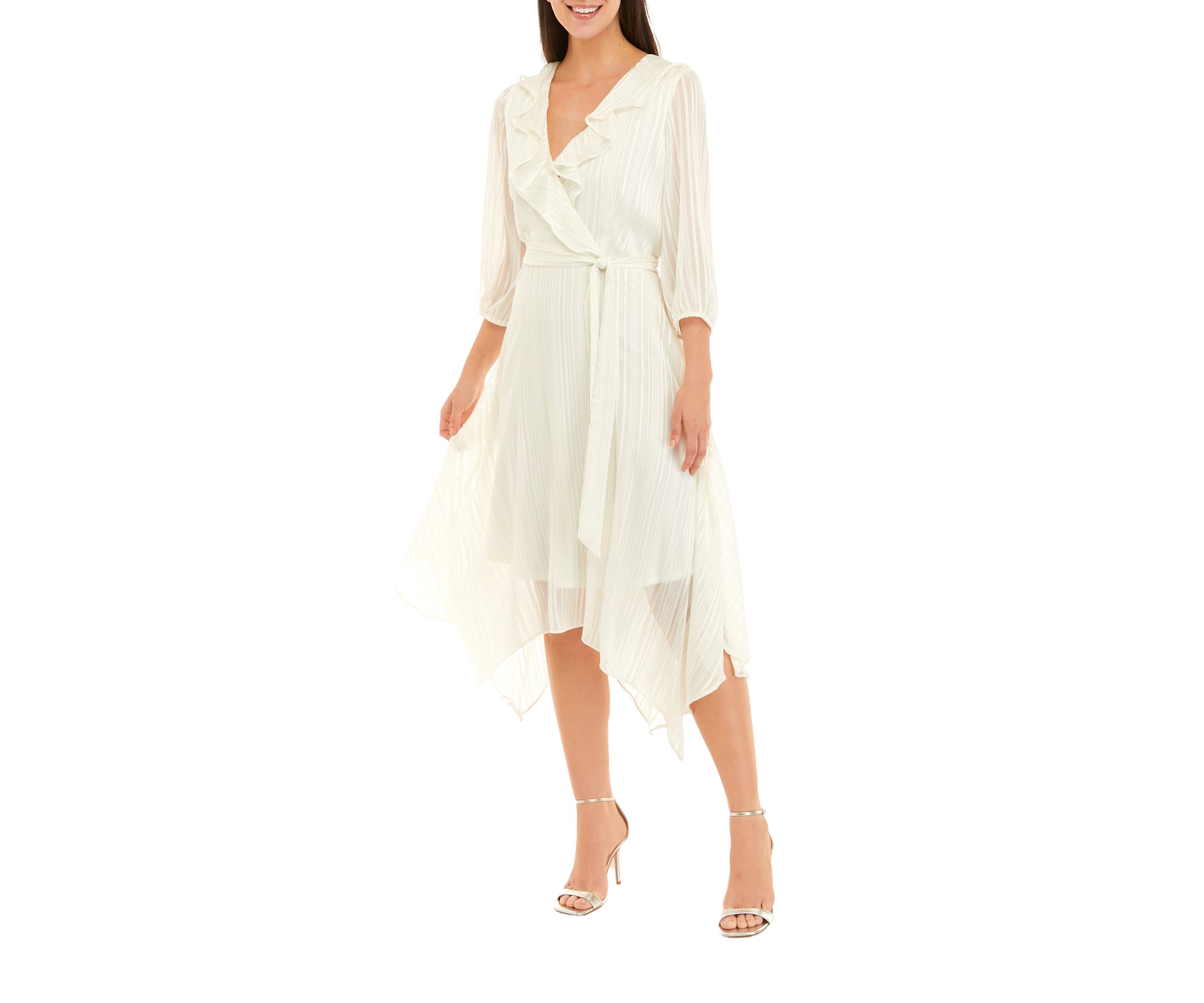 Womens 3/4 Sleeve Satin Stripe Lurex Chiffon Midi Dress
