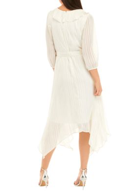 Women's 3/4 Sleeve Satin Stripe Lurex Chiffon Midi Dress