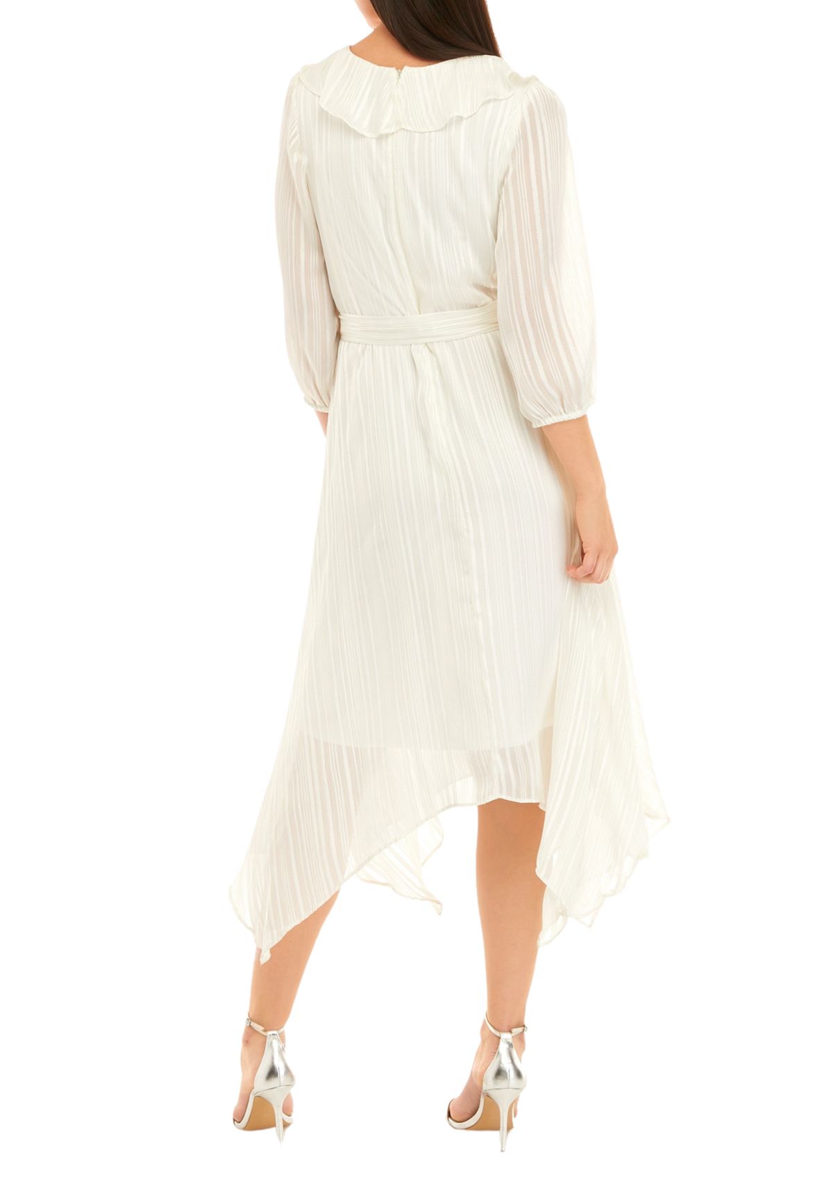 Womens 3/4 Sleeve Satin Stripe Lurex Chiffon Midi Dress