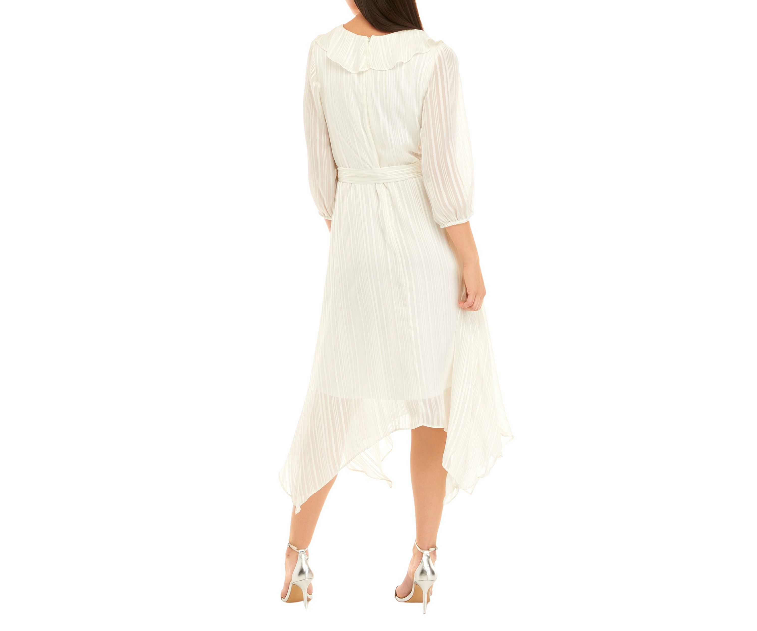 Womens 3/4 Sleeve Satin Stripe Lurex Chiffon Midi Dress