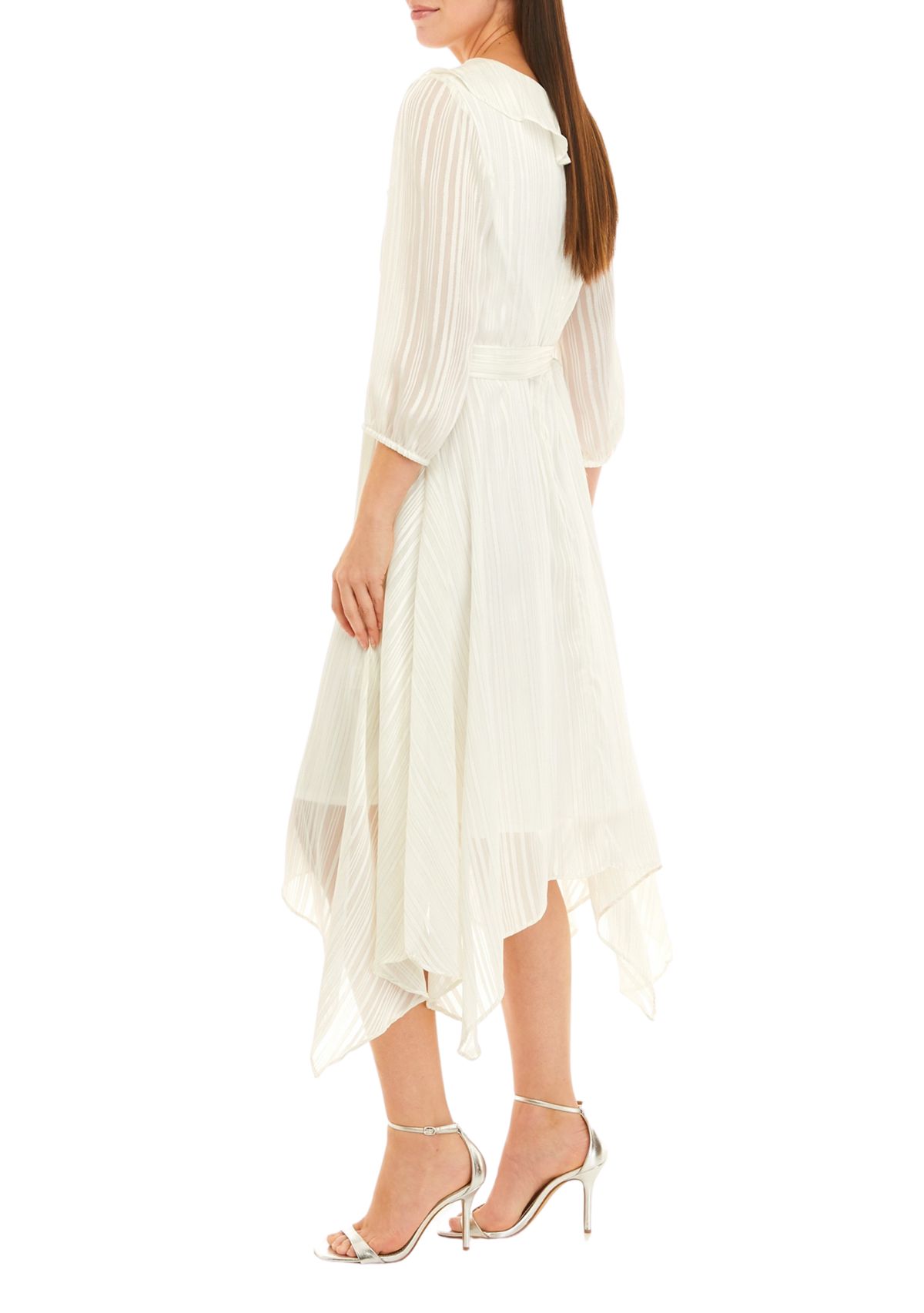 Womens 3/4 Sleeve Satin Stripe Lurex Chiffon Midi Dress