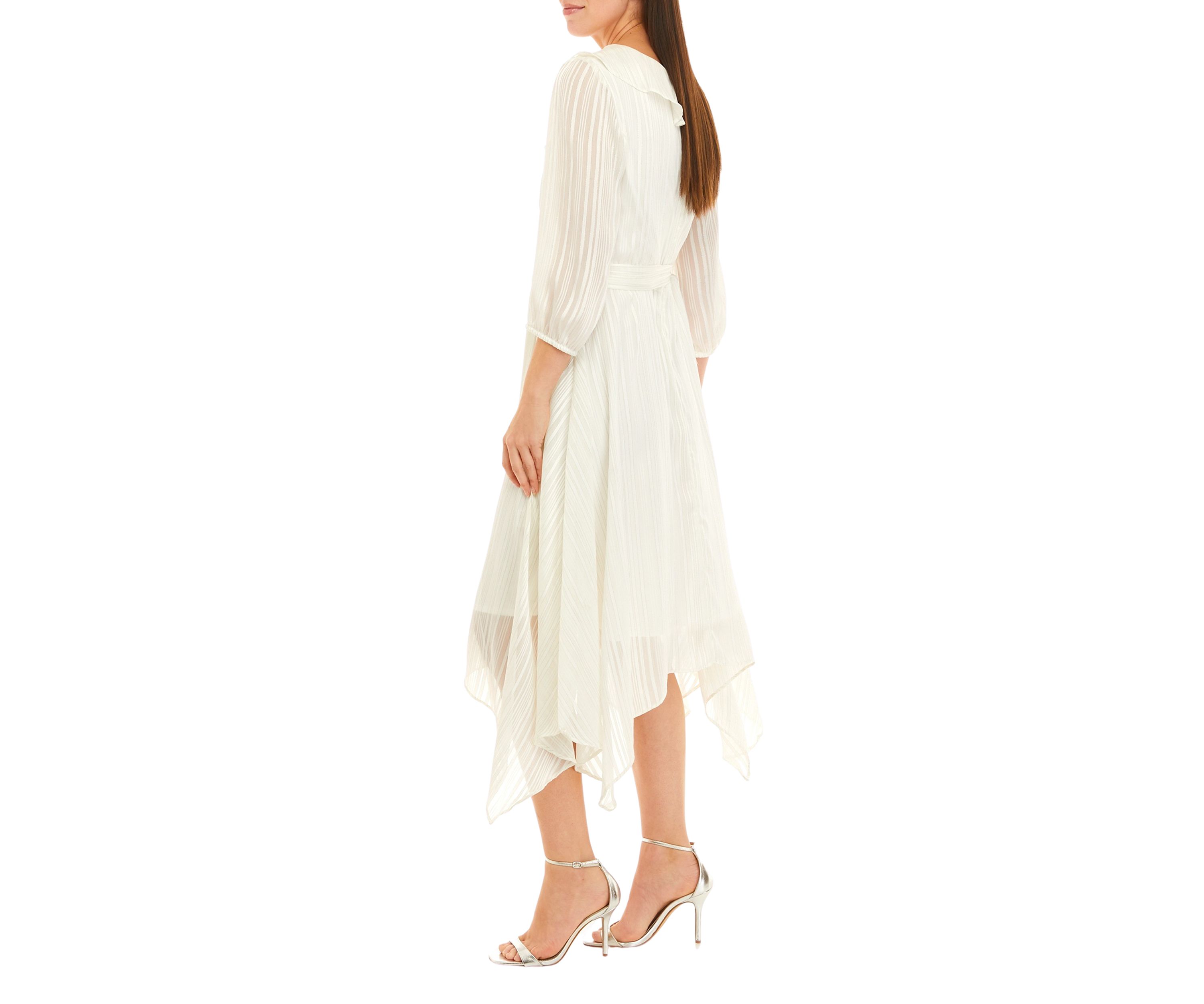Womens 3/4 Sleeve Satin Stripe Lurex Chiffon Midi Dress