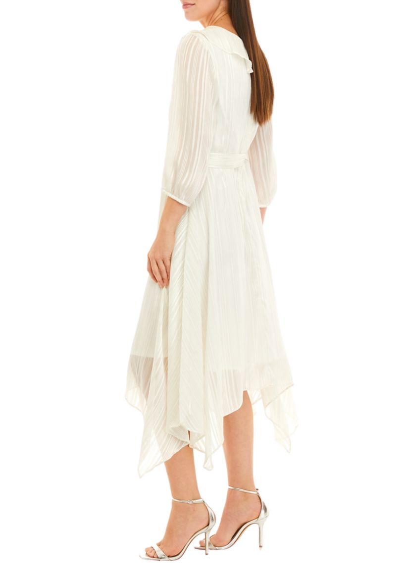 Womens 3/4 Sleeve Satin Stripe Lurex Chiffon Midi Dress