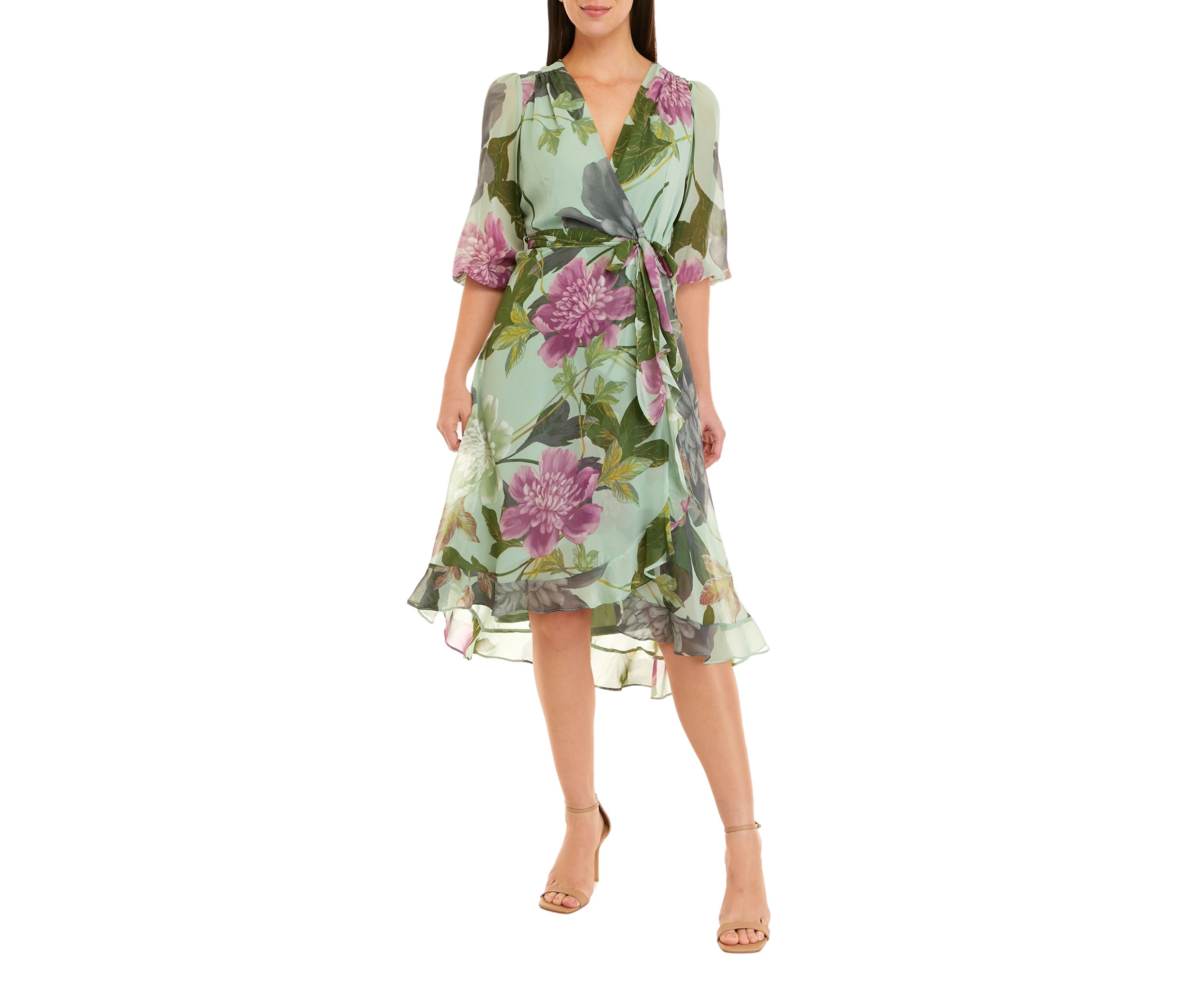 Womens 3/4 Sleeve Floral Print Chiffon Wrap Dress