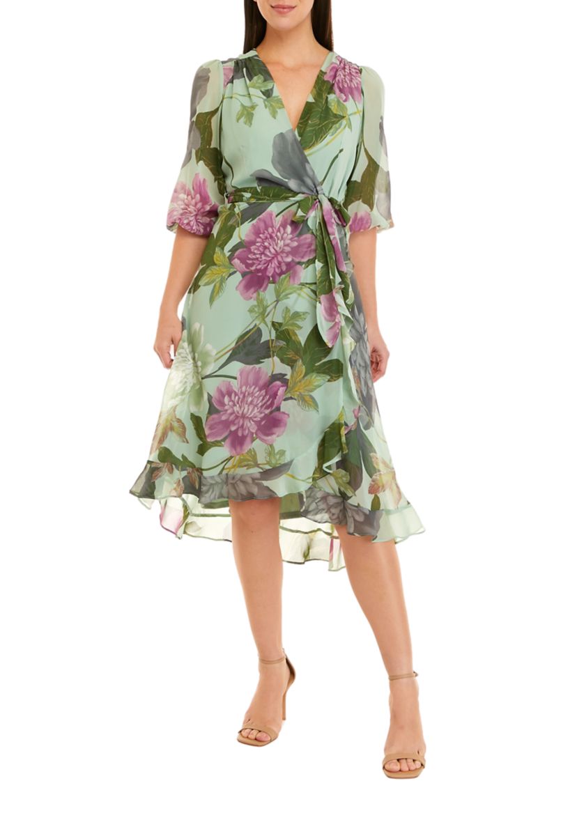 Womens 3/4 Sleeve Floral Print Chiffon Wrap Dress