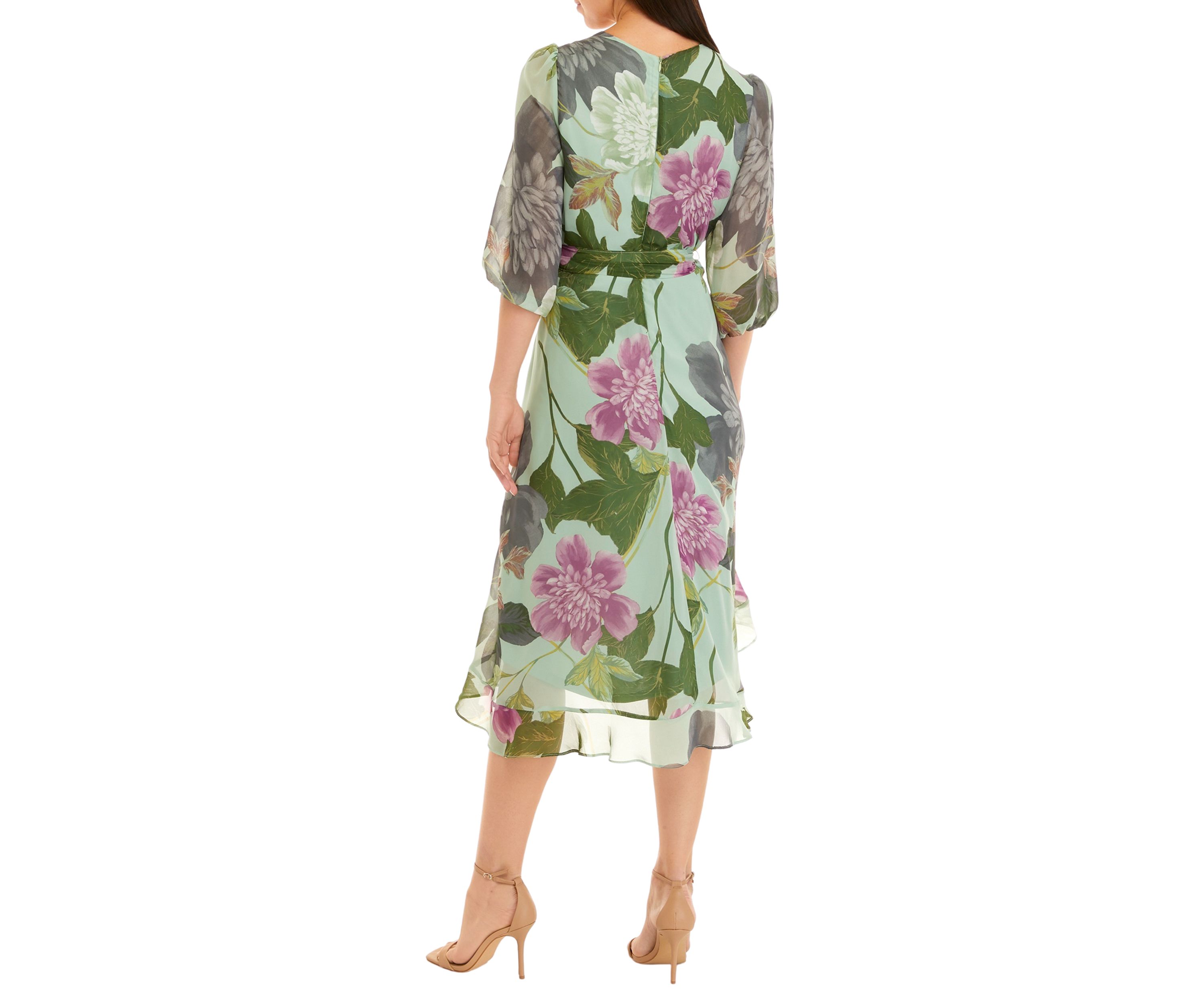 Womens 3/4 Sleeve Floral Print Chiffon Wrap Dress