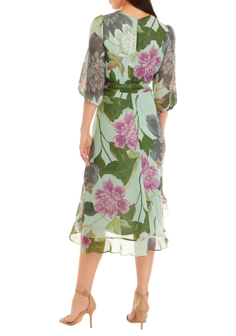 Womens 3/4 Sleeve Floral Print Chiffon Wrap Dress