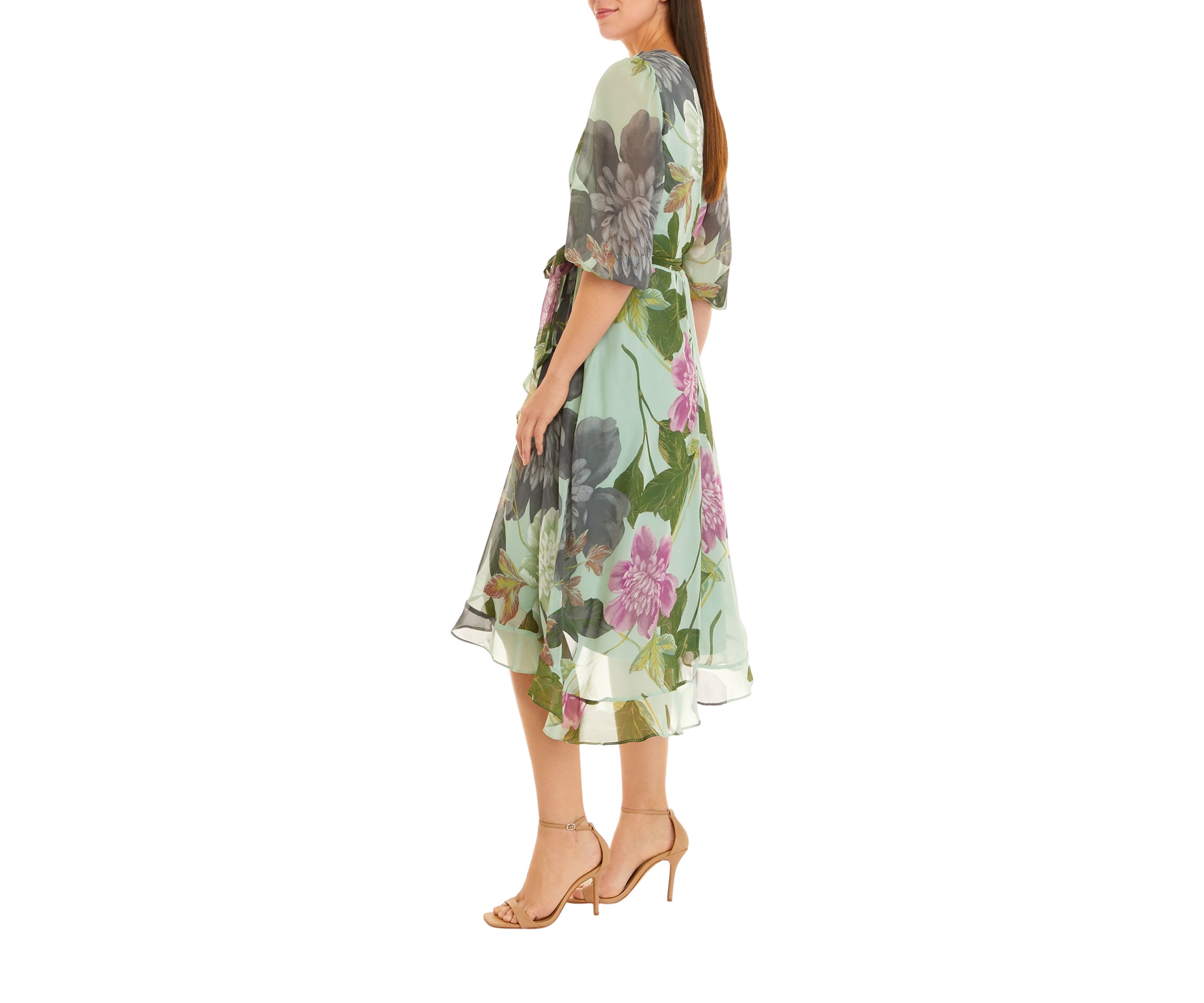 Womens 3/4 Sleeve Floral Print Chiffon Wrap Dress