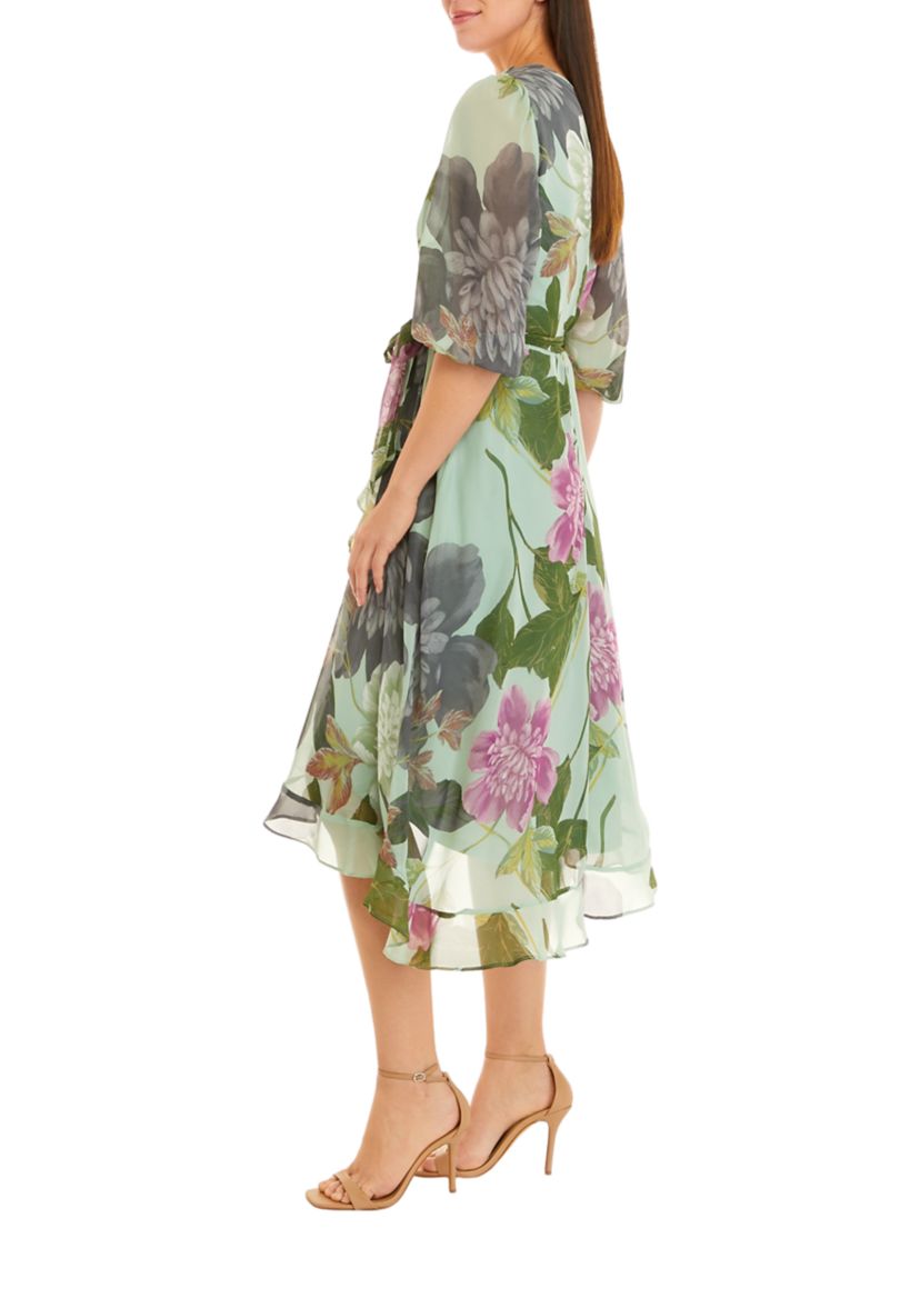 Womens 3/4 Sleeve Floral Print Chiffon Wrap Dress