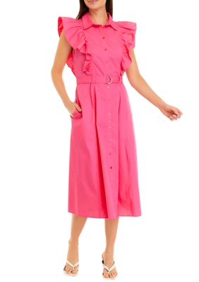 Women's Short Sleeve Ruffle Shoulder Solid Cotton Shirtdress