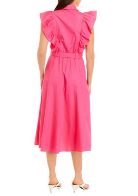 Women's Short Sleeve Ruffle Shoulder Solid Cotton Shirtdress