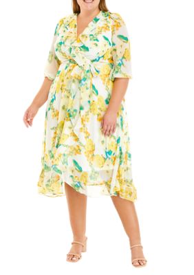 Plus 3/4 Sleeve Floral Printed Chiffon Wrap Dress