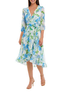 Maison Tara Women's 3/4 Sleeve Floral Wrap Waist Fit and Flare Dress | belk