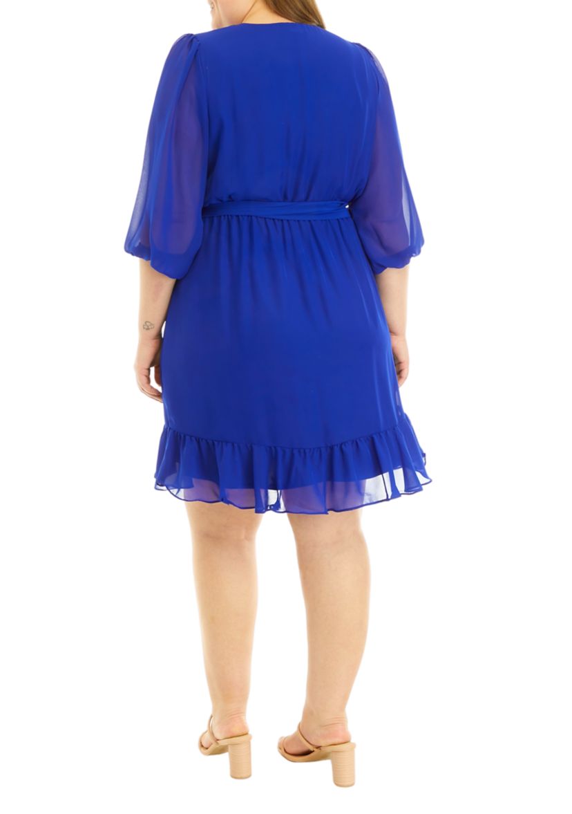 Plus Size 3/4 Sleeve Solid Tie Waist Chiffon Dress
