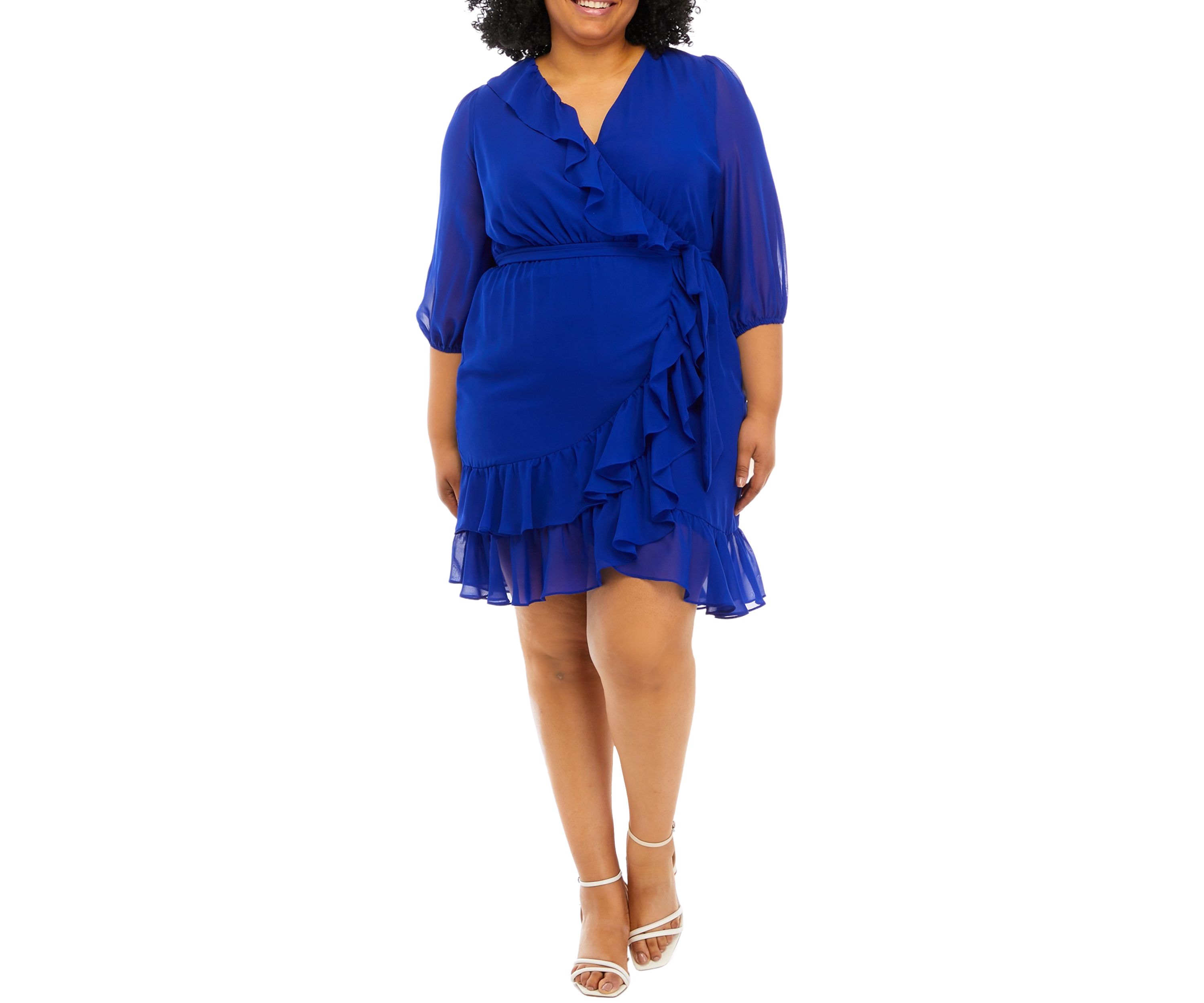 Plus Size 3/4 Sleeve Surplice Solid Chiffon Ruffle Wrap Dress