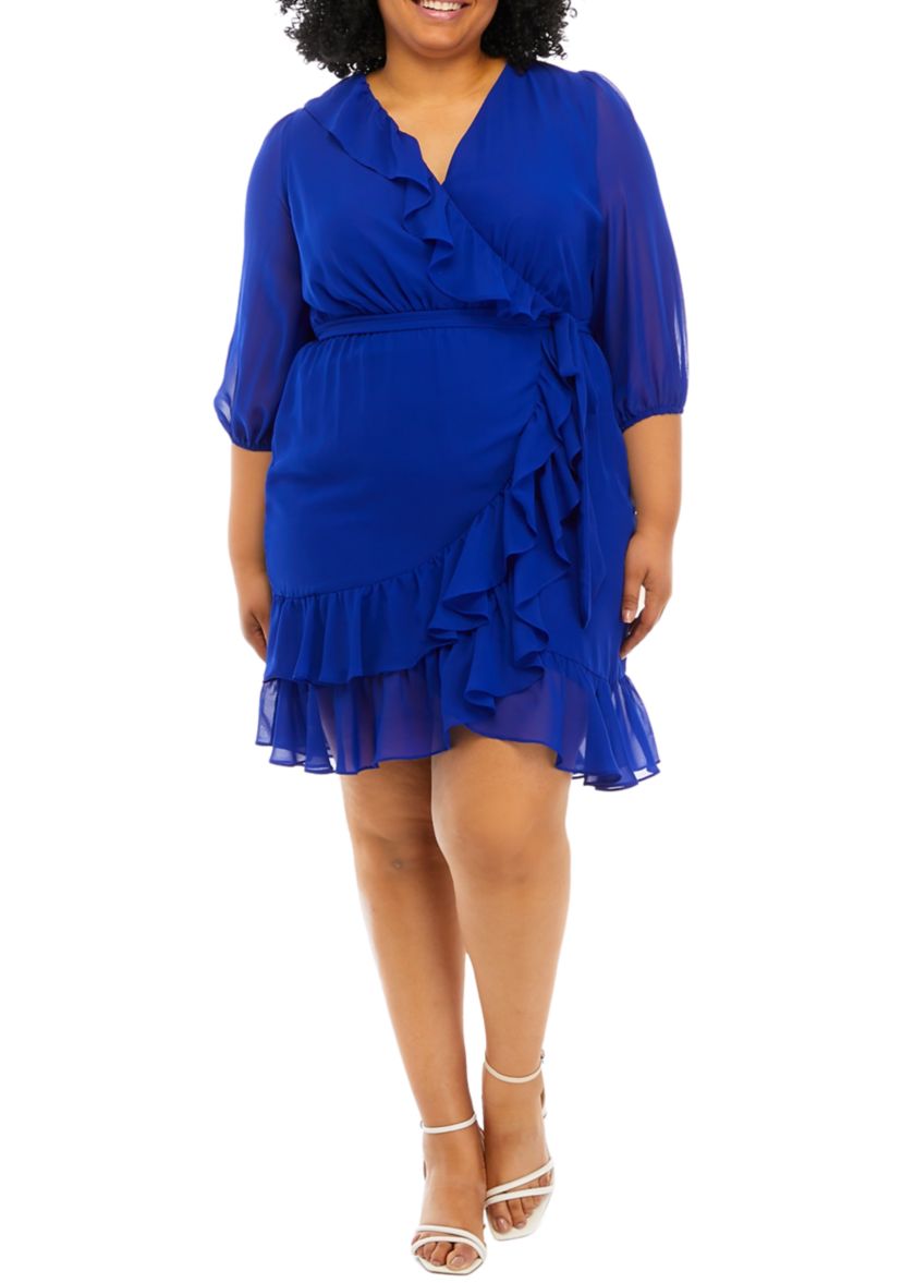 Plus Size 3/4 Sleeve Surplice Solid Chiffon Ruffle Wrap Dress