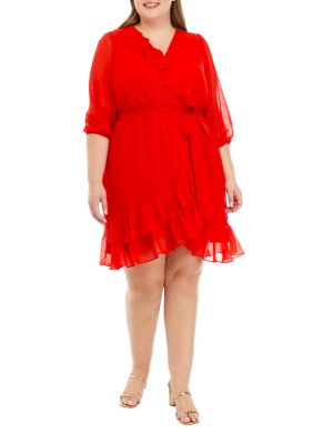 Plus 3/4 Sleeve Surplice Solid Chiffon Ruffle Wrap Dress