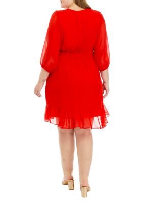 Plus 3/4 Sleeve Surplice Solid Chiffon Ruffle Wrap Dress