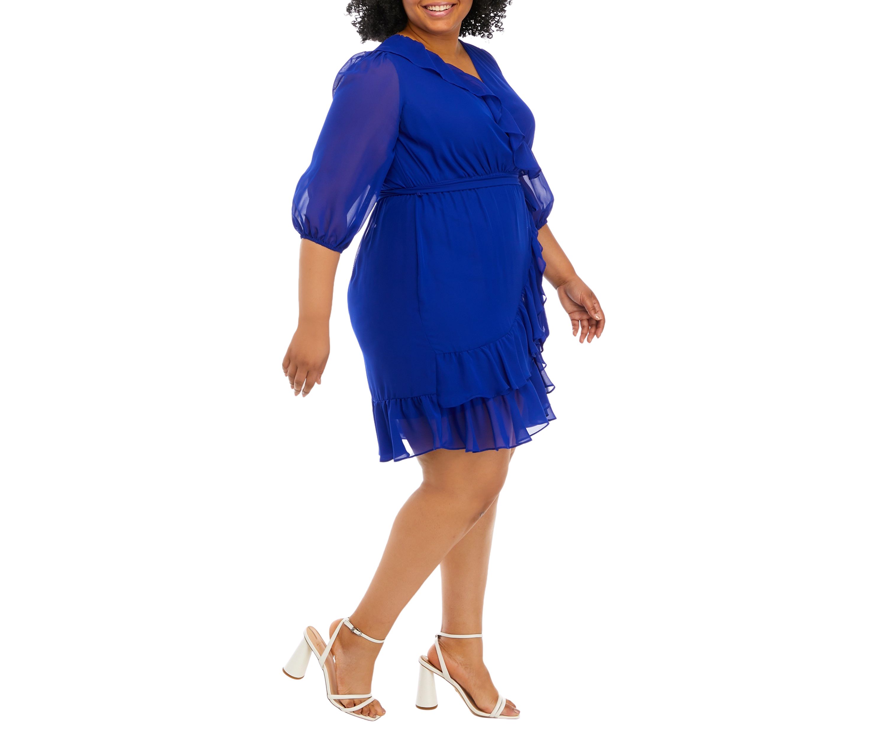 Plus Size 3/4 Sleeve Surplice Solid Chiffon Ruffle Wrap Dress